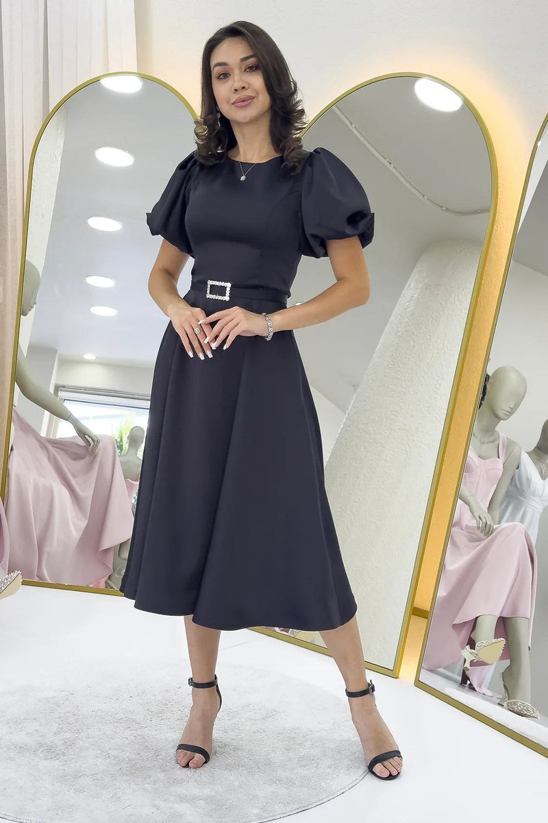 Women's Black Balloon Sleeve Taş Belted Midi Satin Evening Gown
