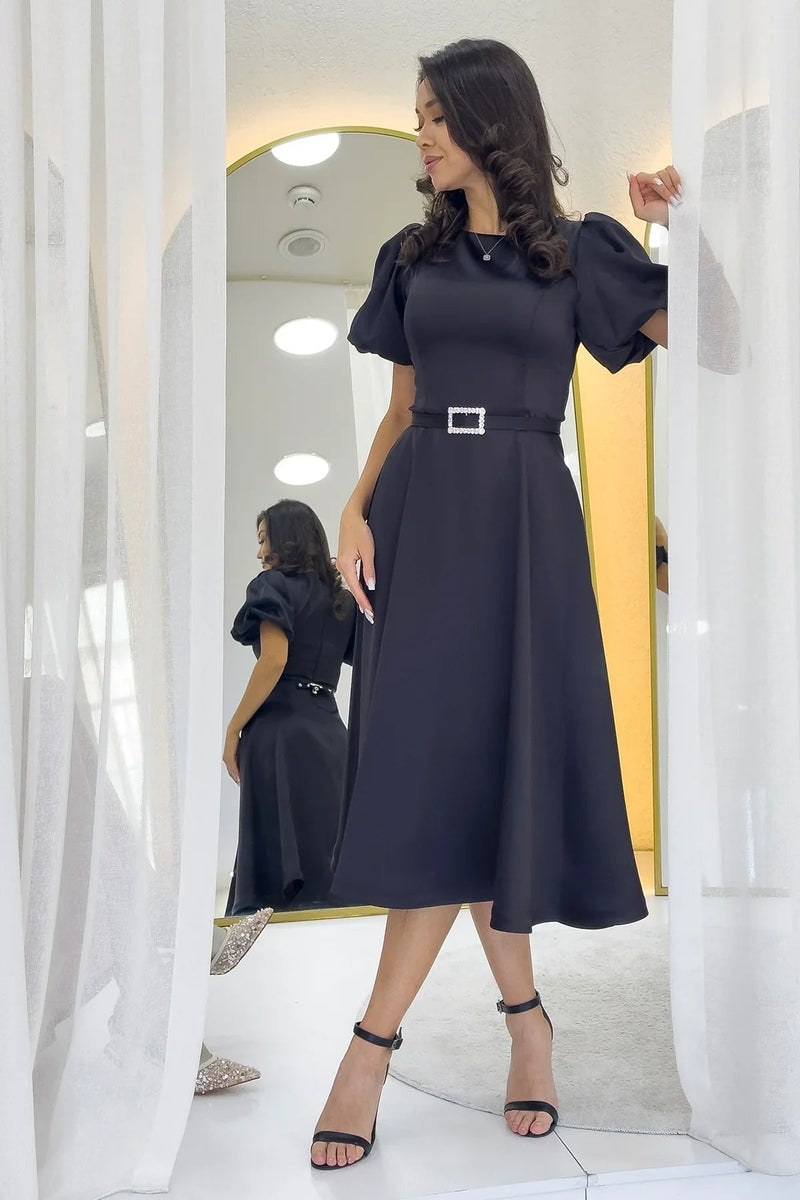 Women's Black Balloon Sleeve Taş Belted Midi Satin Evening Gown