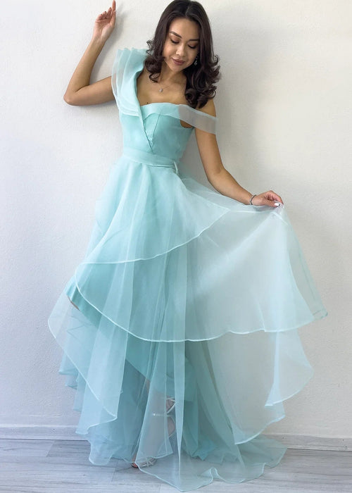 Aqua Green Asymmetrical Skirt Tulle Evening Dress