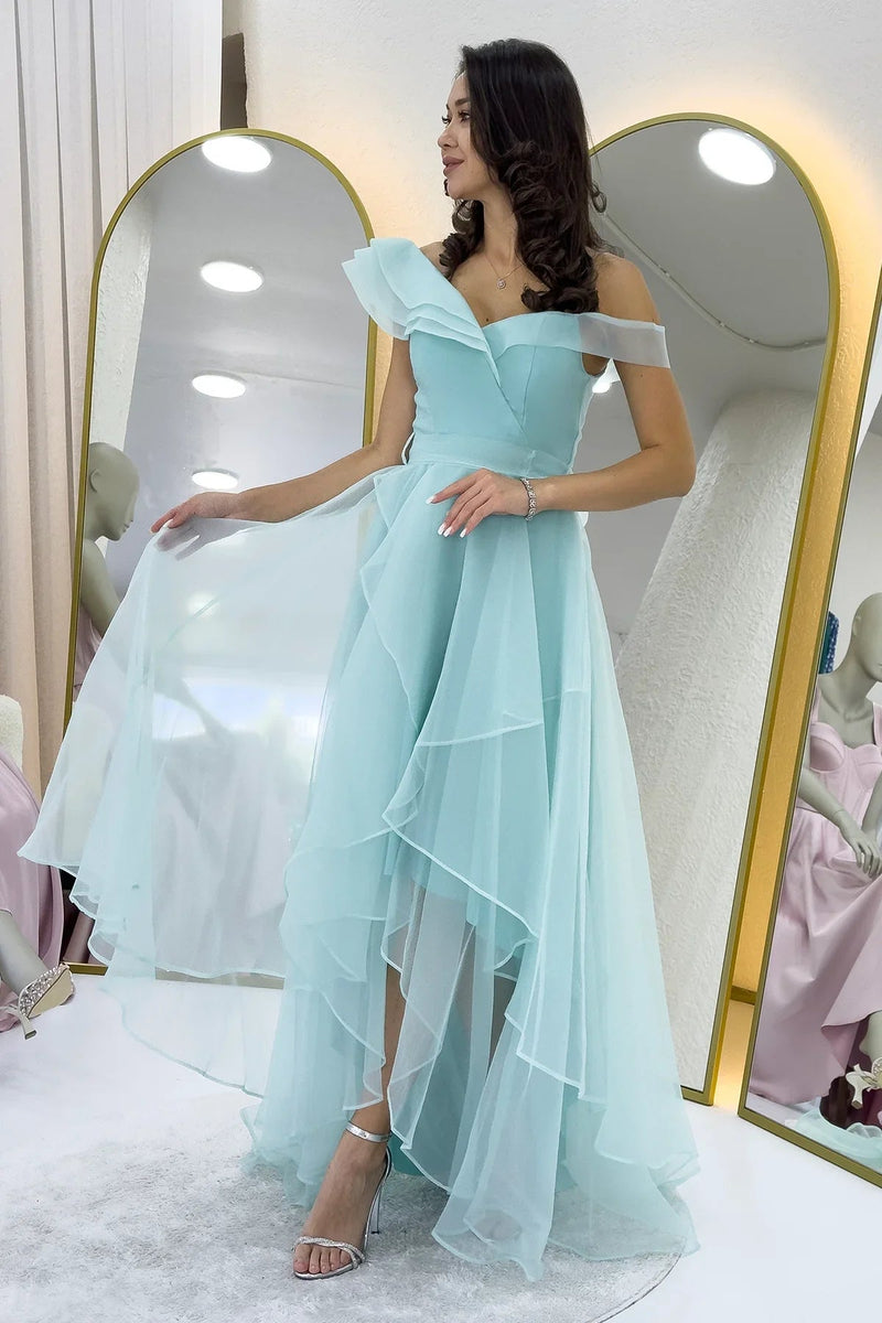 Women's Aqua Green Off-Shoulder Asymmetric Skirt Tulle Evening Gown
