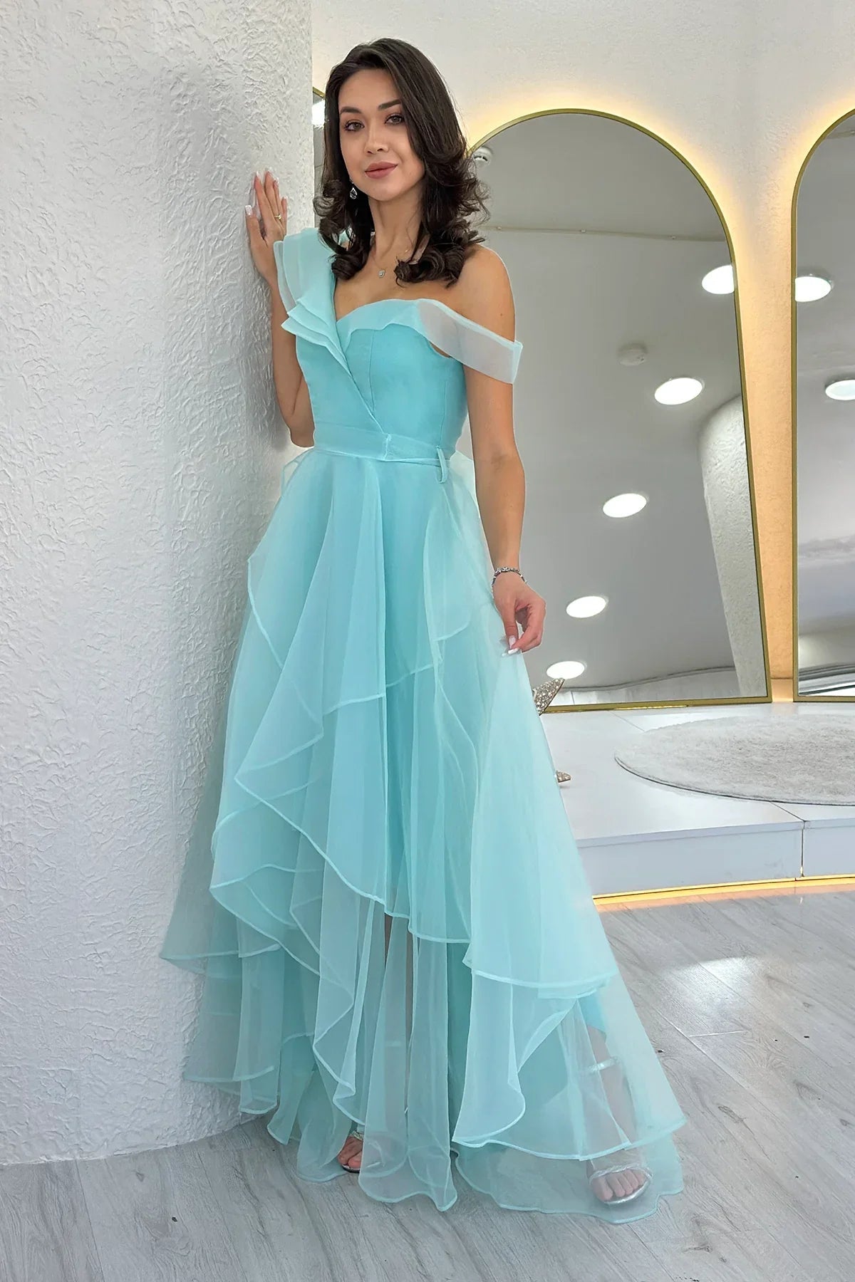 Women's Aqua Green Off-Shoulder Asymmetric Skirt Tulle Evening Gown