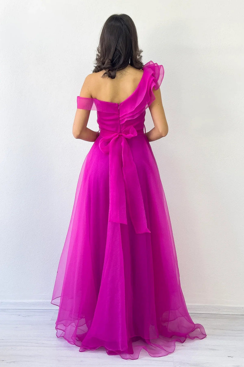 Women's Fuchsia Off-Shoulder Asymmetric Skirt Tulle Evening Gown