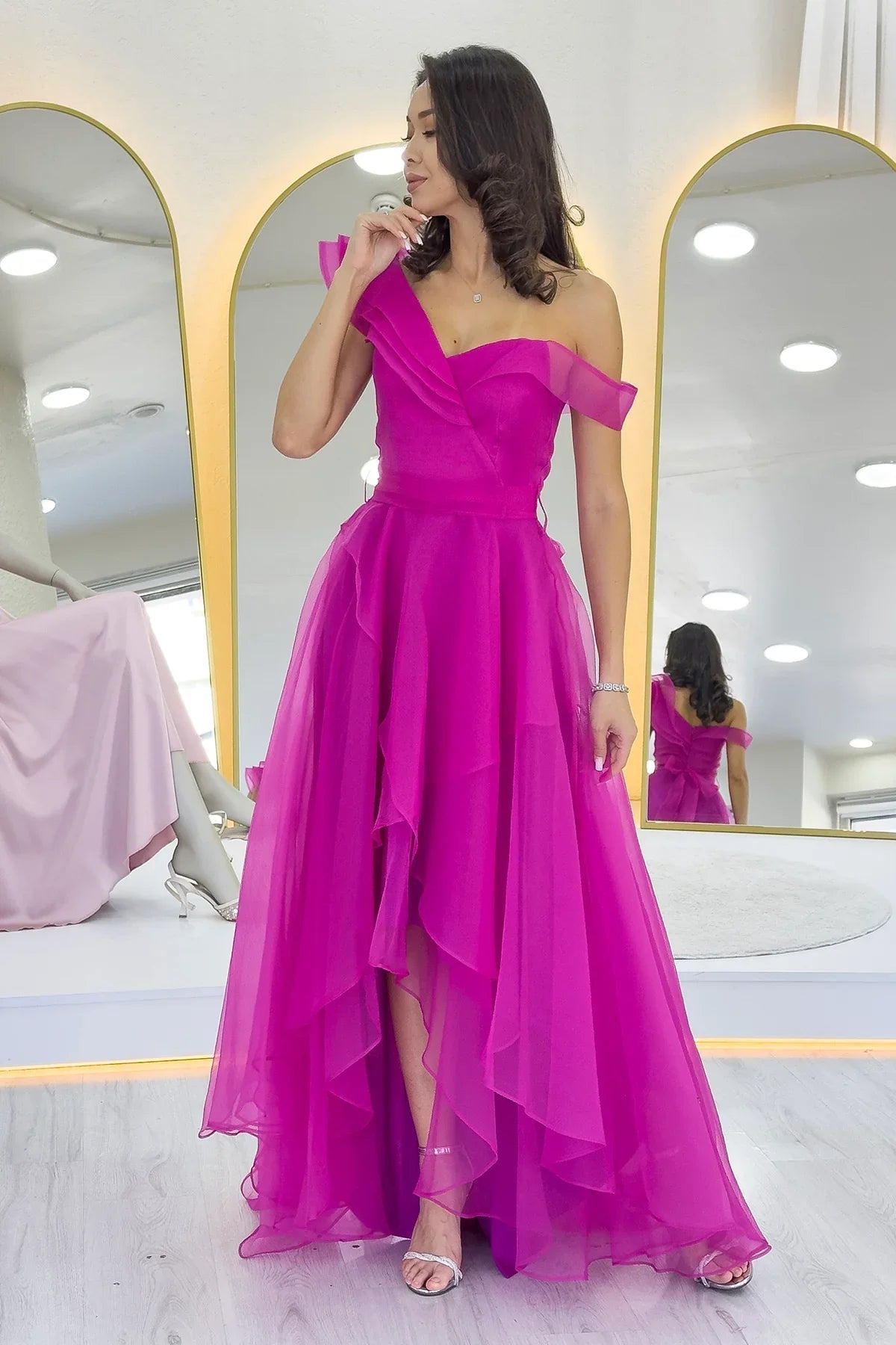Women's Fuchsia Off-Shoulder Asymmetric Skirt Tulle Evening Gown