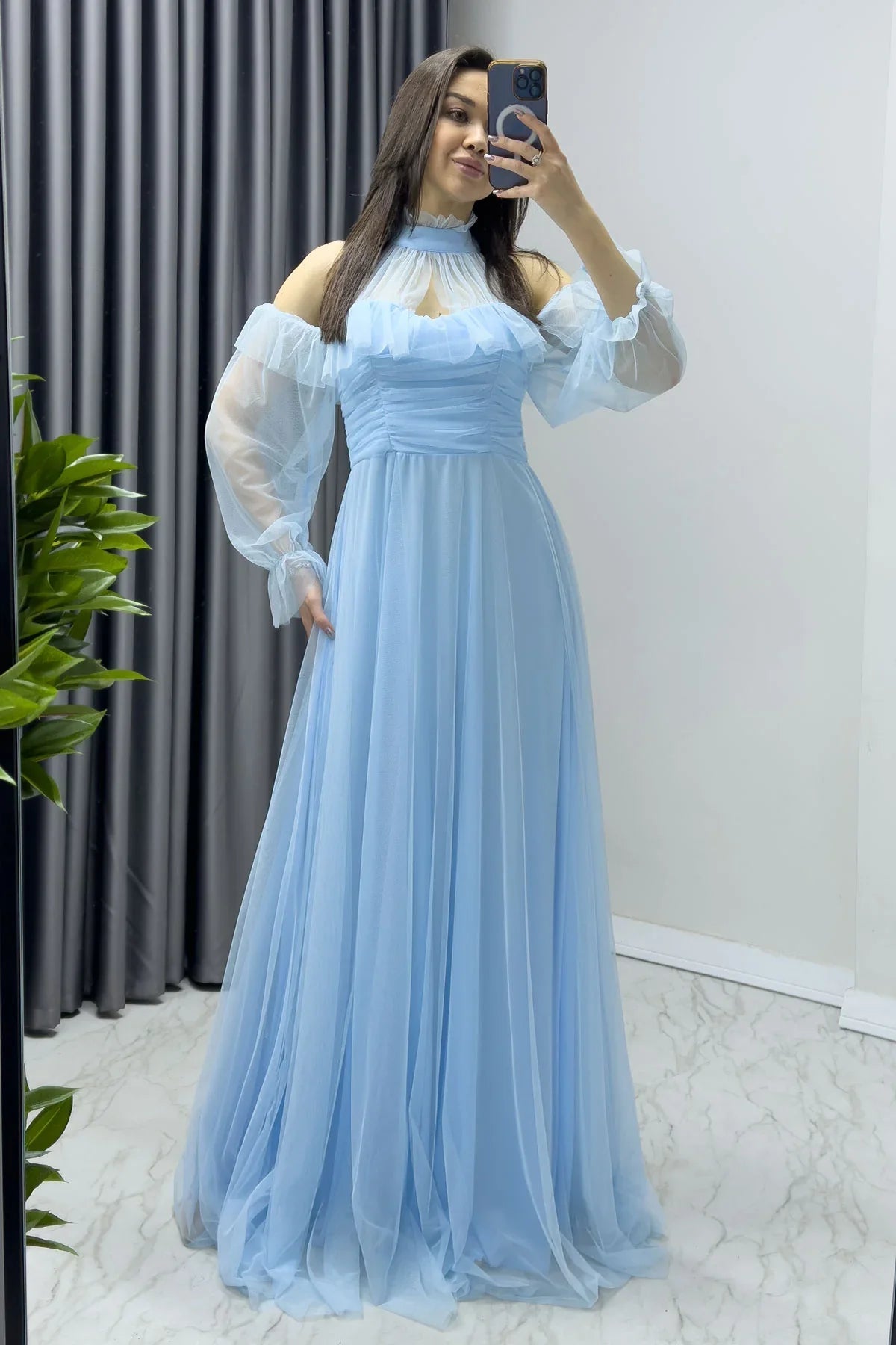 Women's Baby Bluesi Tulle Draped Flared Evening Gown