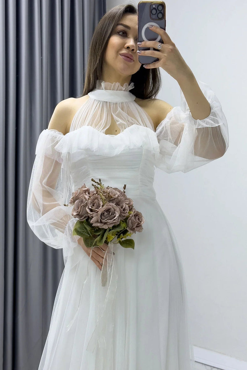 Women's White Tulle Draped Flared Evening Gown