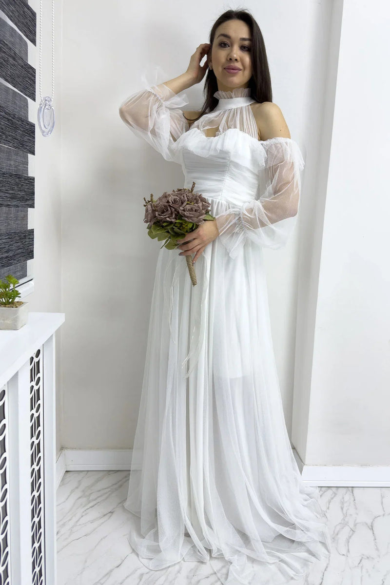 Women's White Tulle Draped Flared Evening Gown