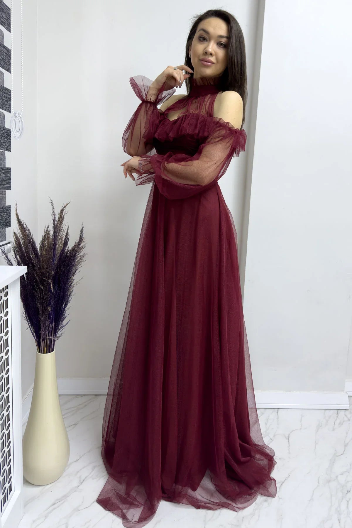 Women's Burgundy Tulle Draped Flared Evening Gown