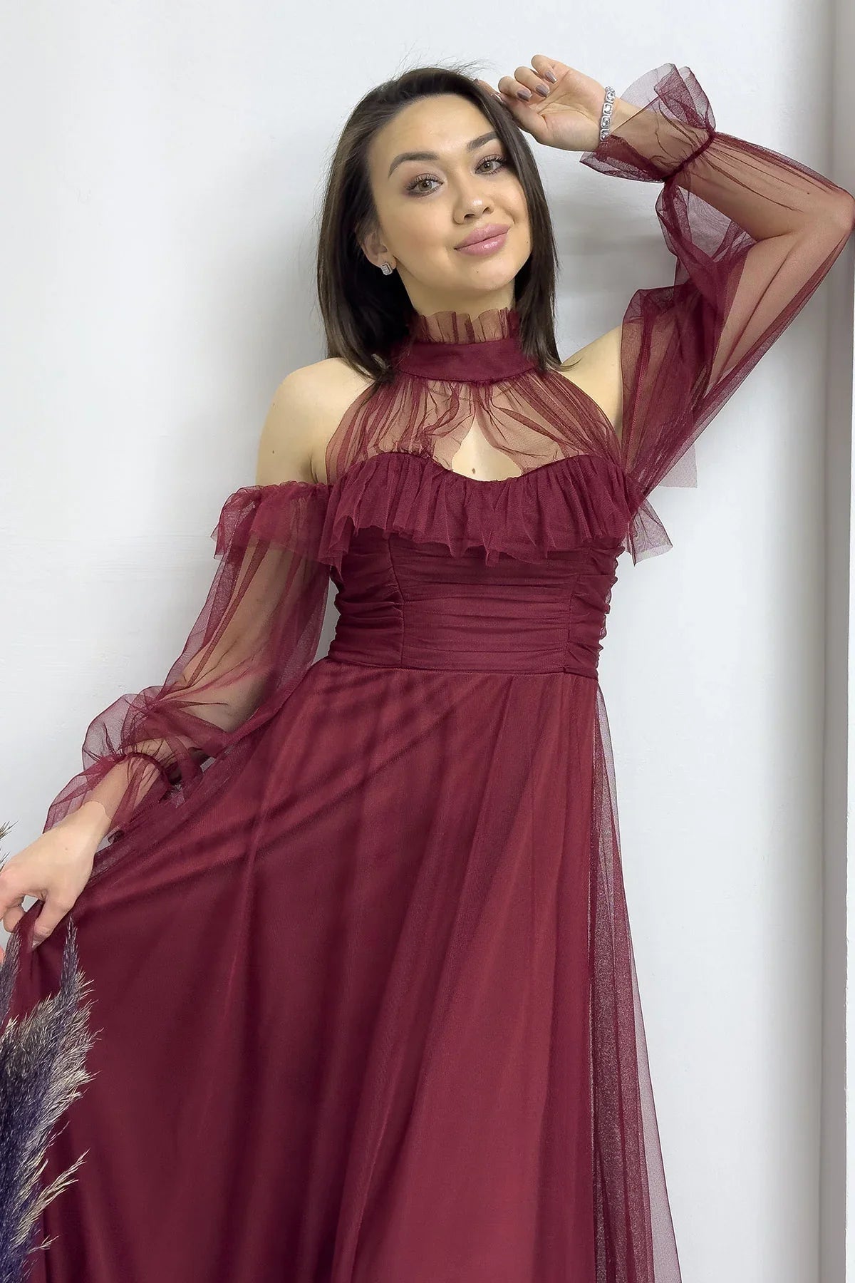 Women's Burgundy Tulle Draped Flared Evening Gown