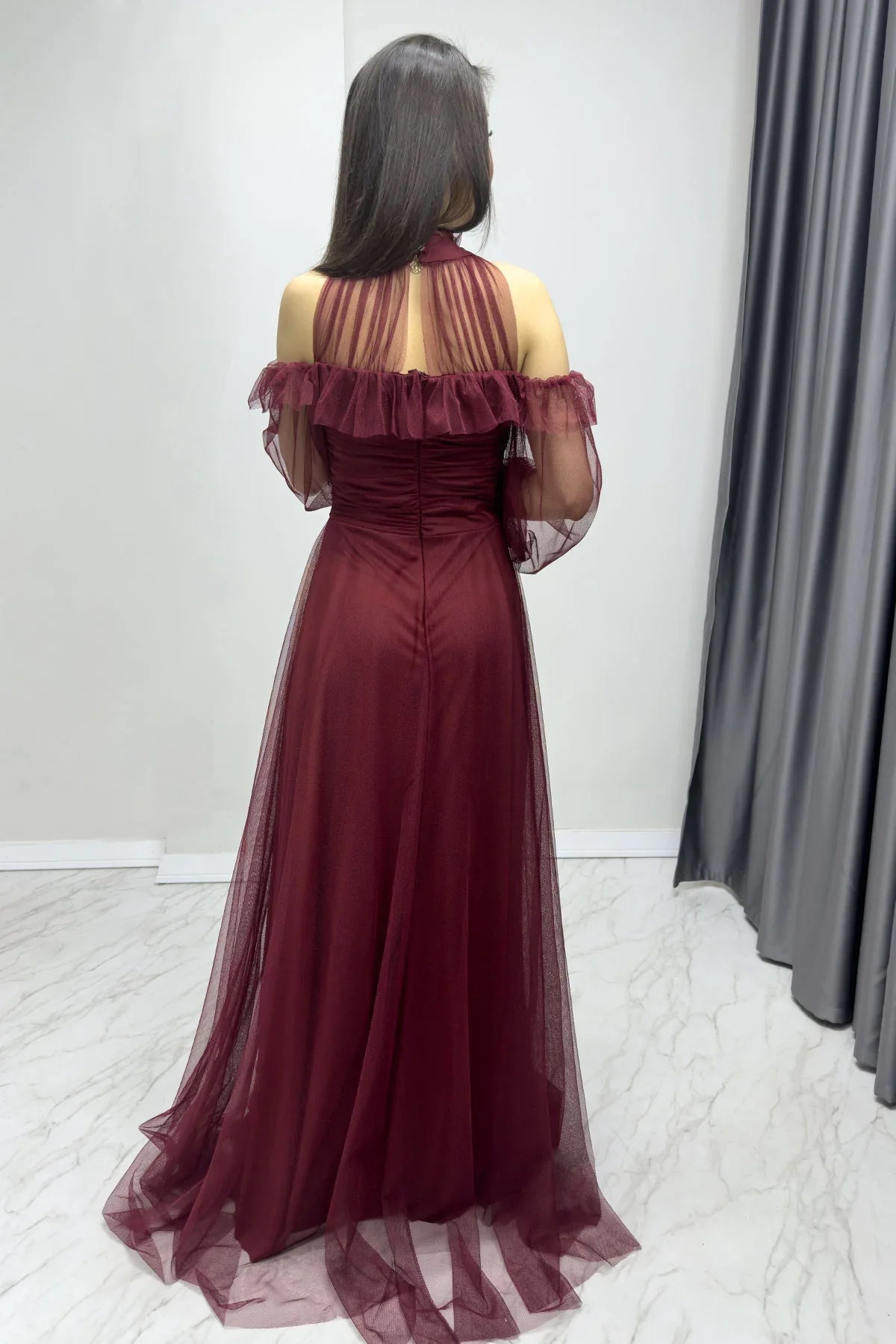 Women's Burgundy Tulle Draped Flared Evening Gown
