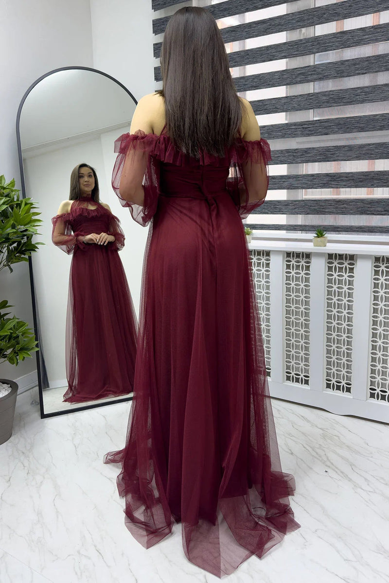 Women's Burgundy Tulle Draped Flared Evening Gown