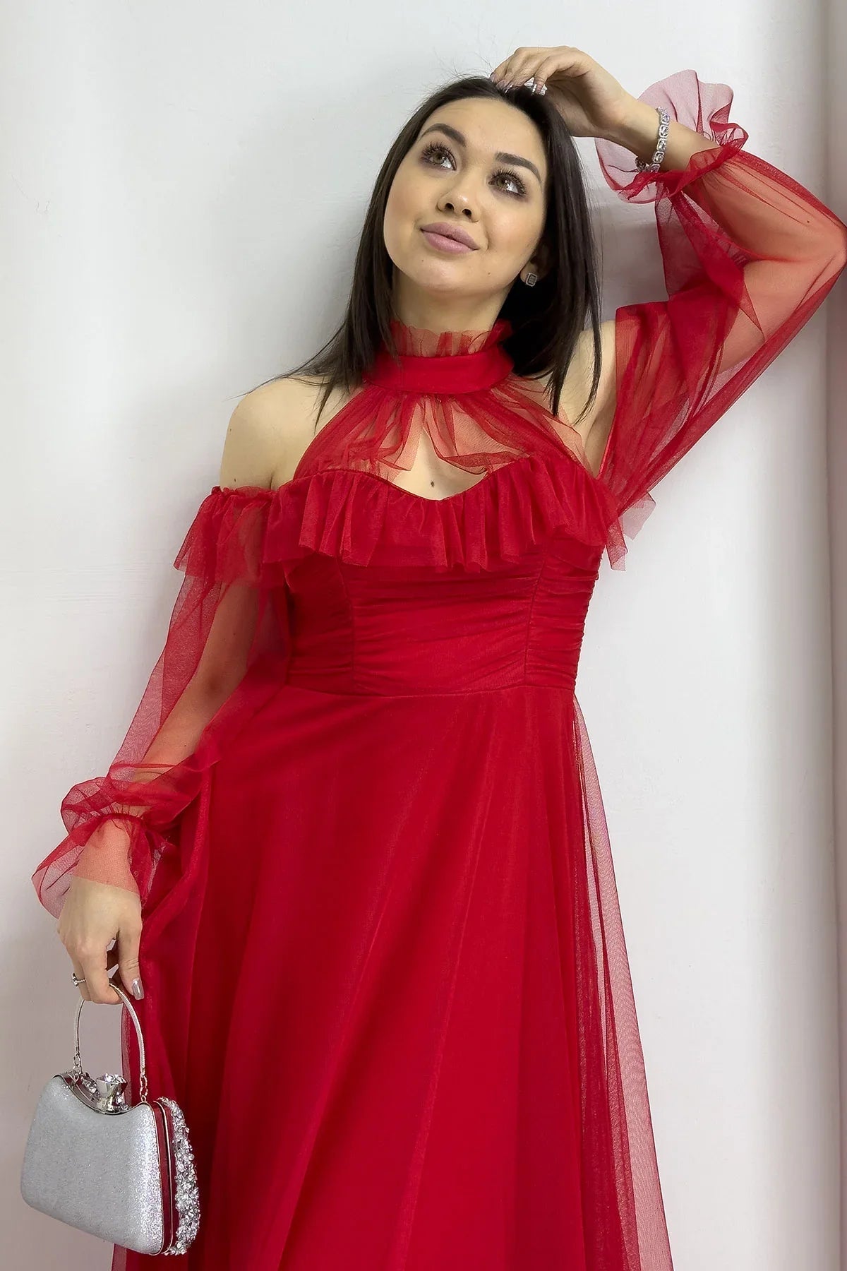 Women's Red Tulle Draped Flared Evening Gown