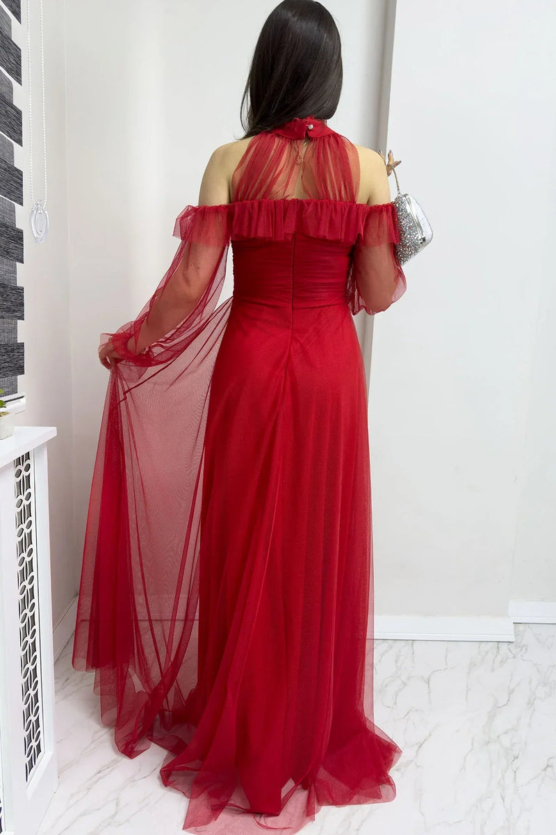 Women's Red Tulle Draped Flared Evening Gown