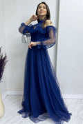 Navy Blue Maxi Sleeveless Tulle Evening Dress