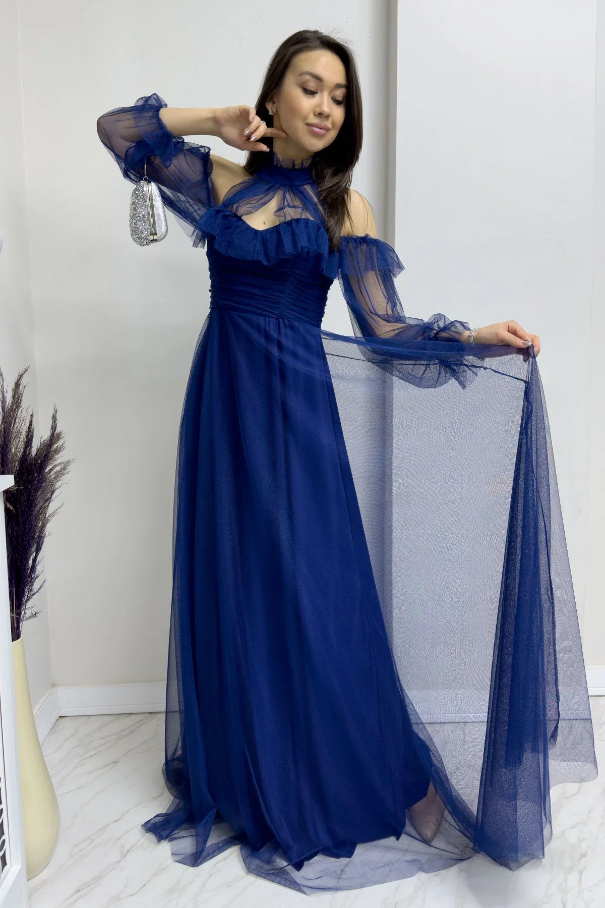 Women's Navy Blue Tulle Draped Flared Evening Gown