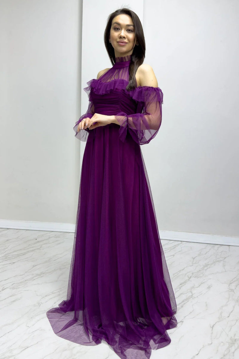 Women's Purple Tulle Draped Flared Evening Gown