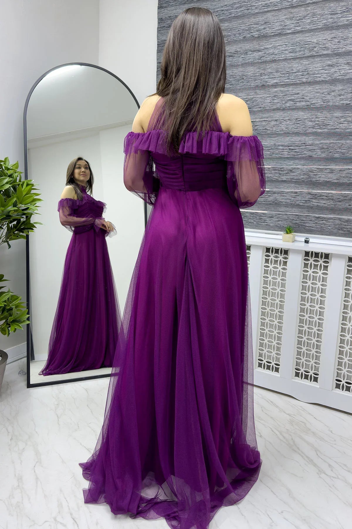 Women's Purple Tulle Draped Flared Evening Gown