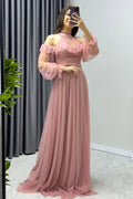 Powder Pink Maxi Sleeveless Tulle Evening Dress