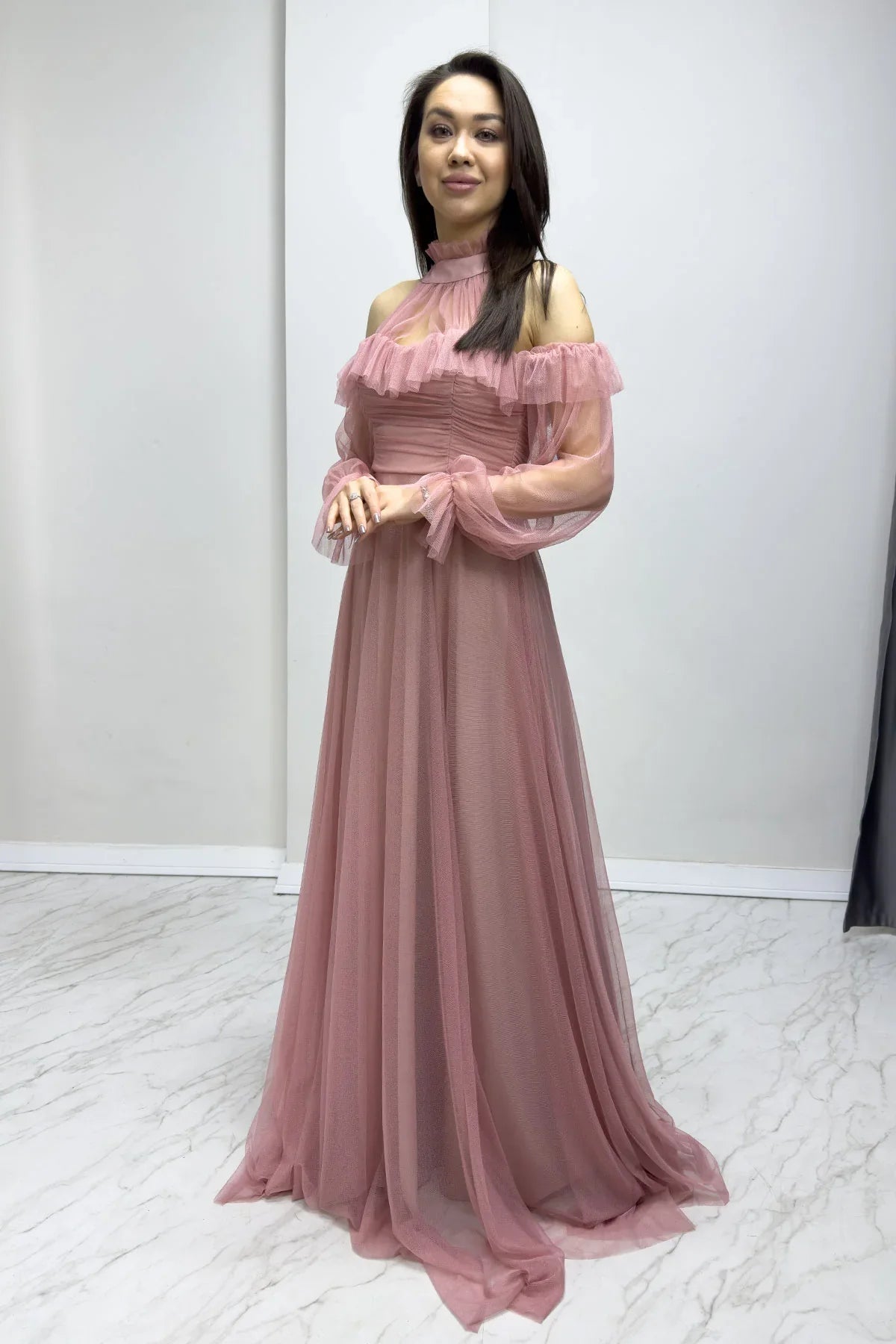 Women's Powder Pink Tulle Draped Flared Evening Gown