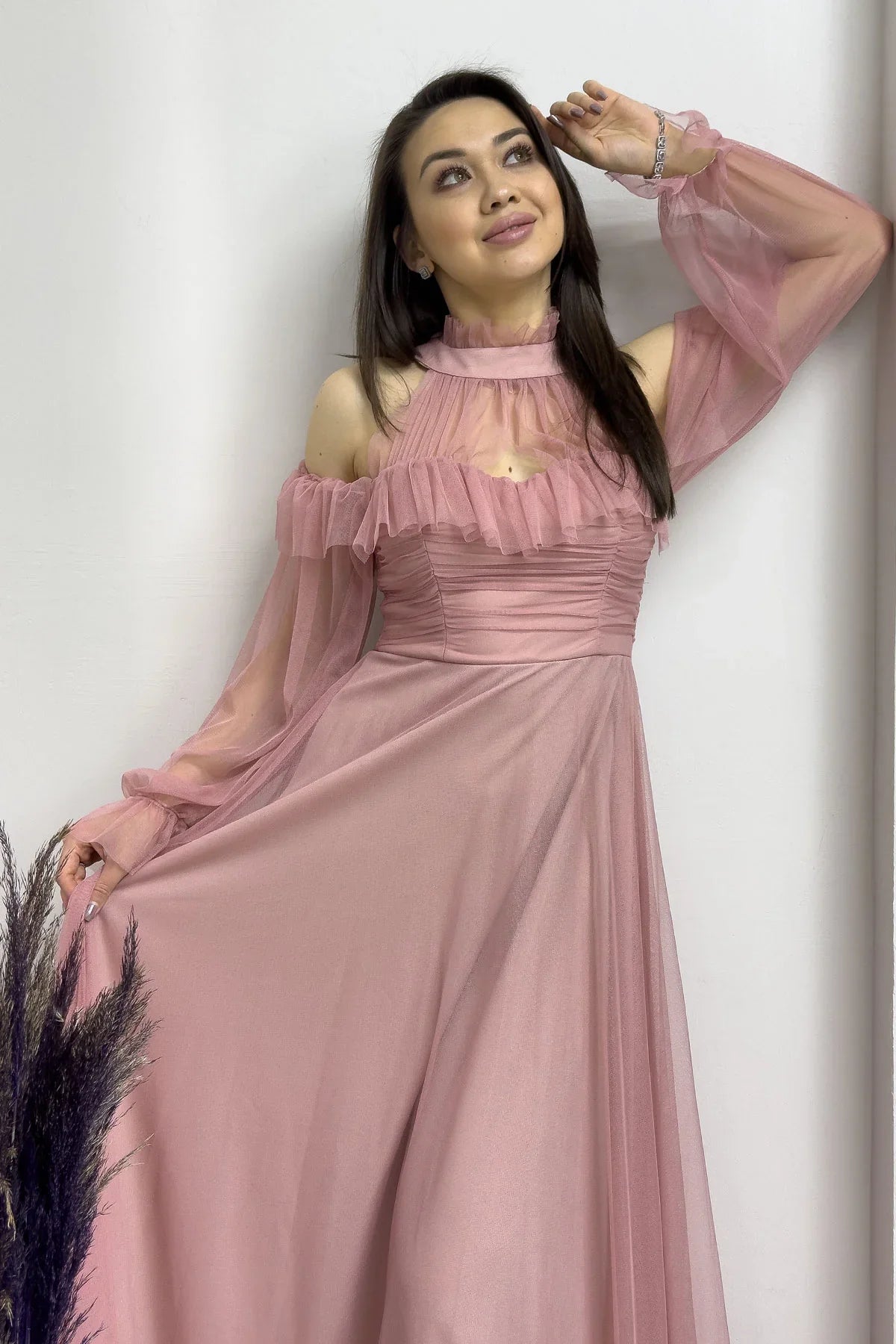 Women's Powder Pink Tulle Draped Flared Evening Gown