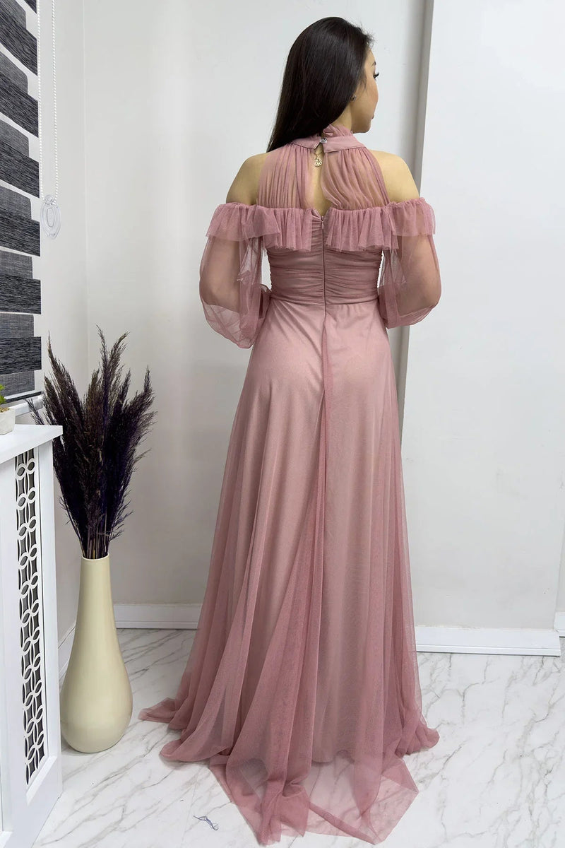 Women's Powder Pink Tulle Draped Flared Evening Gown
