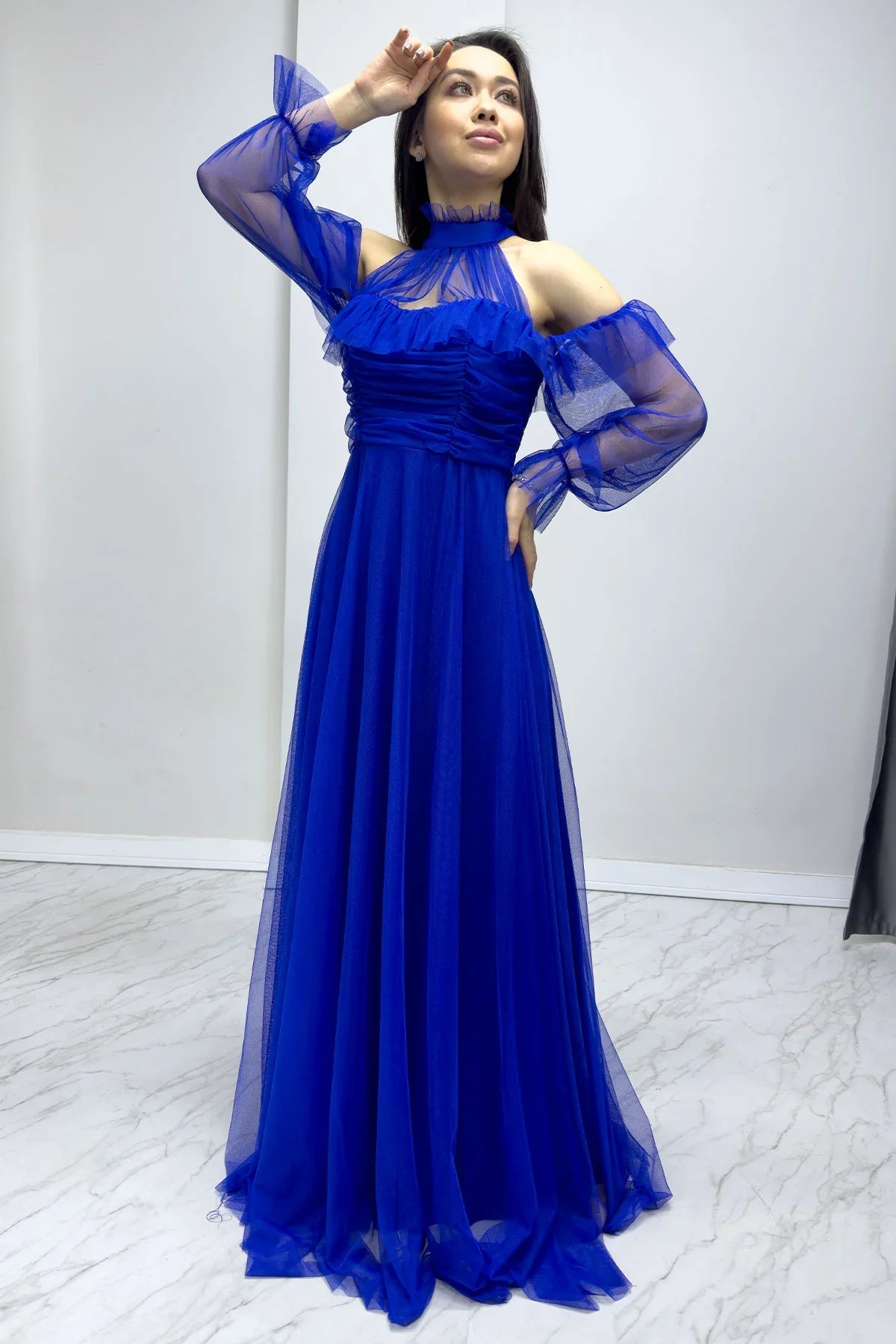 Women's Saxe Tulle Draped Flared Evening Gown