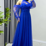 Saxe Blue Maxi Sleeveless Tulle Evening Dress