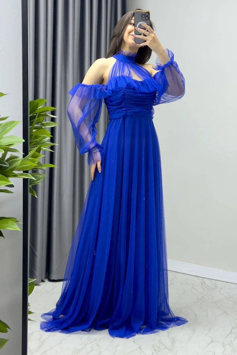 Women's Saxe Tulle Draped Flared Evening Gown