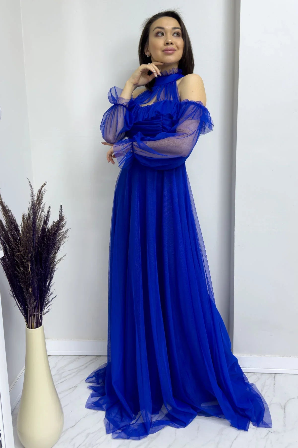 Women's Saxe Tulle Draped Flared Evening Gown