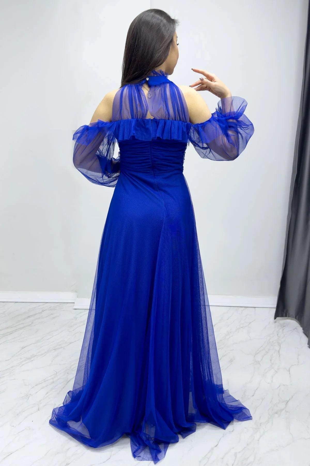 Women's Saxe Tulle Draped Flared Evening Gown