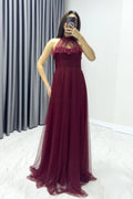 Burgundy Sleeveless Tulle Maxi Evening Dress