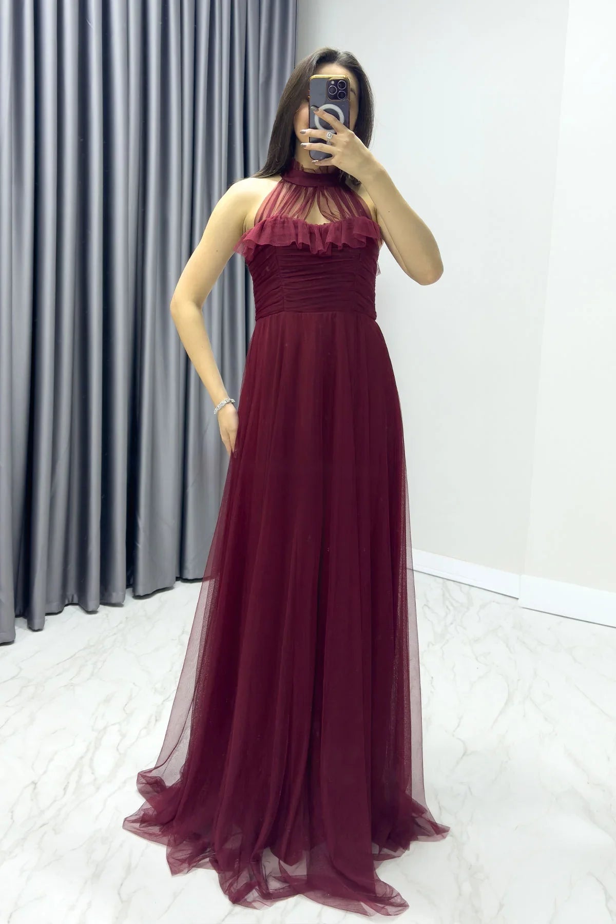 Women's Burgundy Draped Sleevesuz Tulle Evening Gown