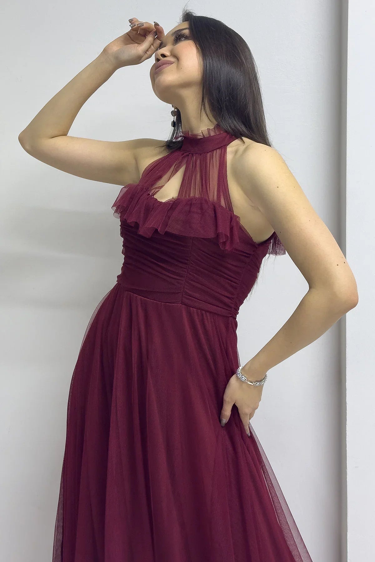 Women's Burgundy Draped Sleevesuz Tulle Evening Gown