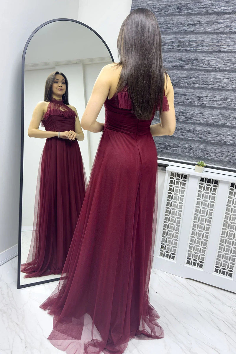 Women's Burgundy Draped Sleevesuz Tulle Evening Gown