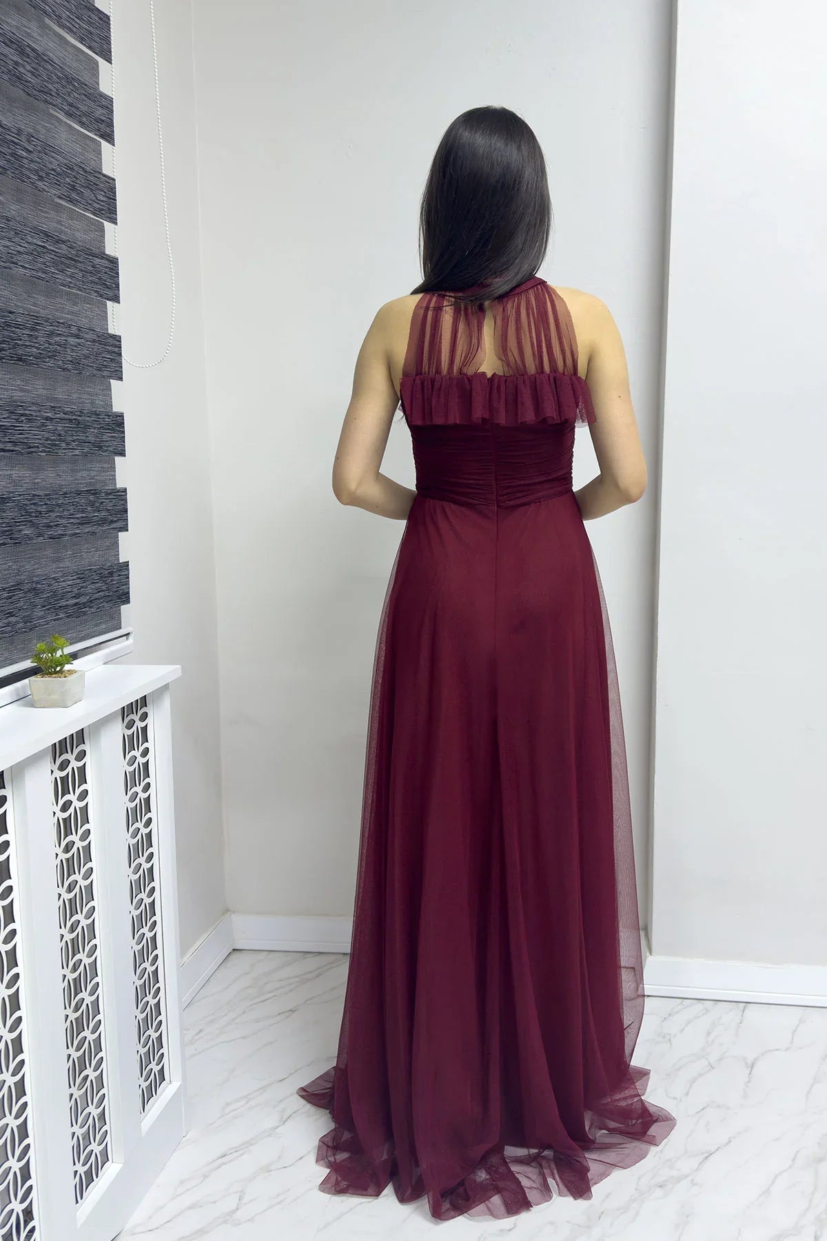 Women's Burgundy Draped Sleevesuz Tulle Evening Gown