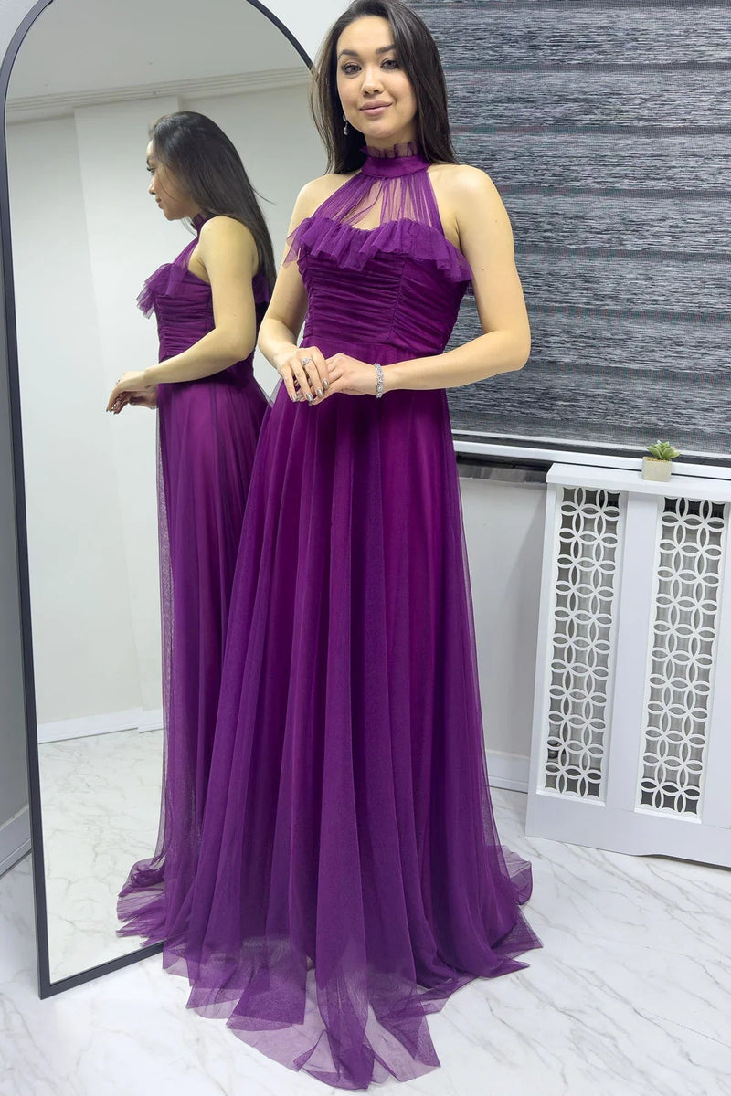 Women's Purple Draped Sleevesuz Tulle Evening Gown