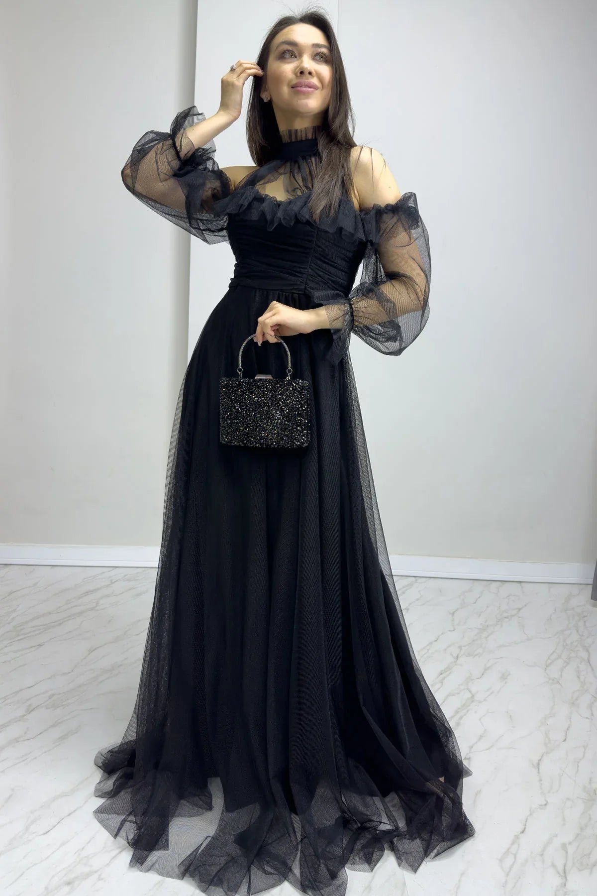 Women's Black Tulle Draped Flared Evening Gown