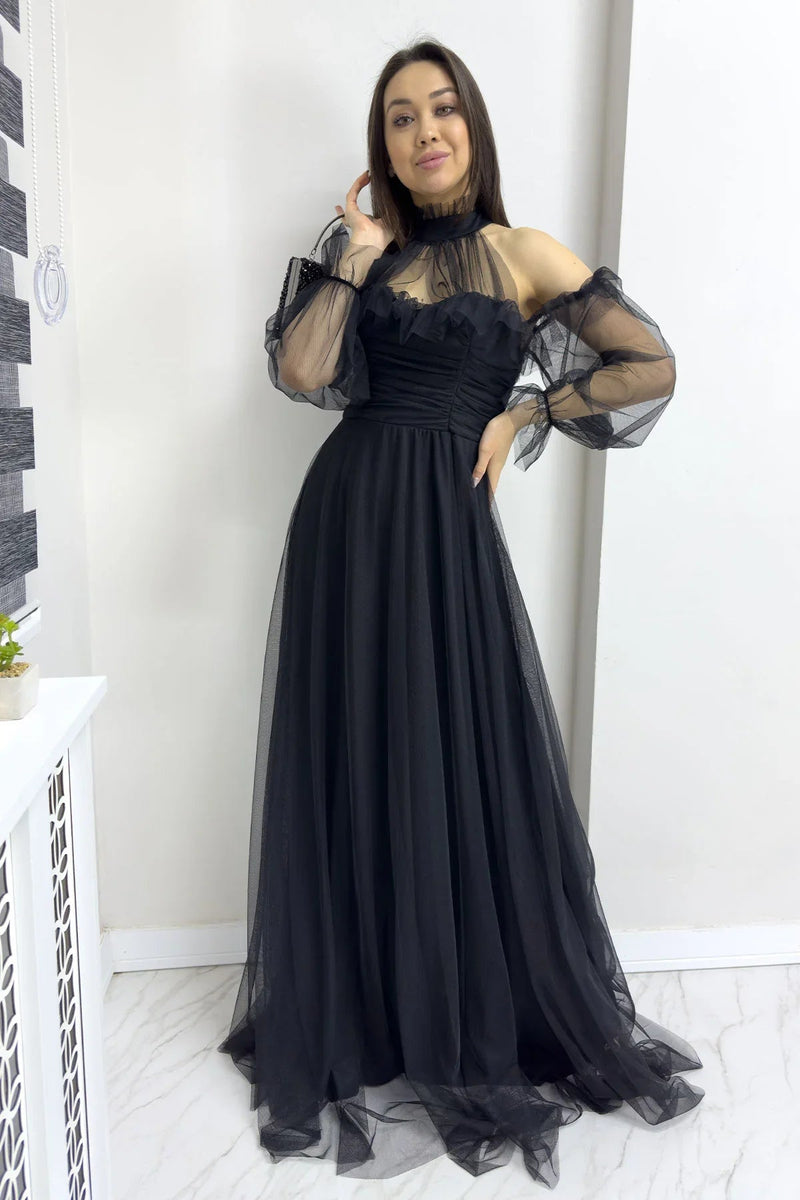 Women's Black Tulle Draped Flared Evening Gown