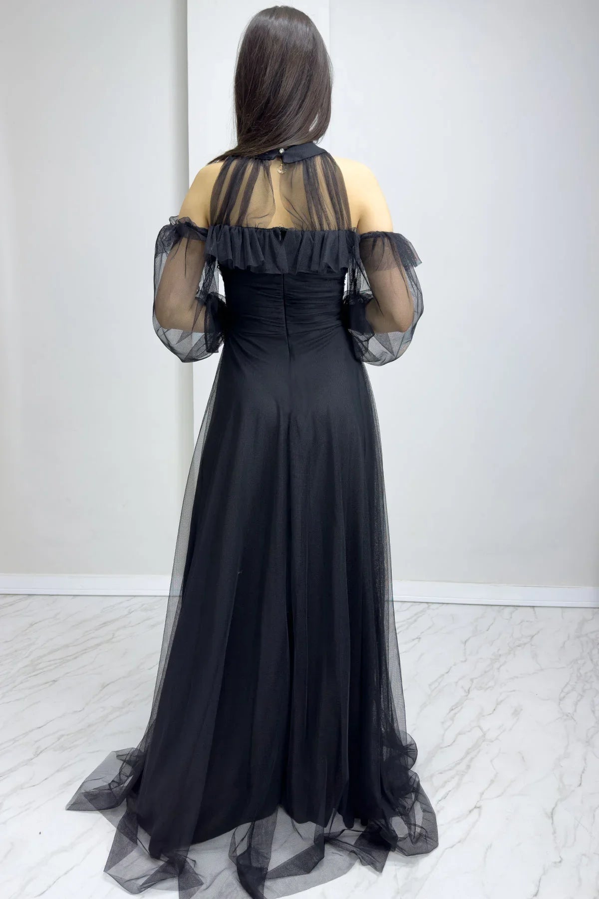 Women's Black Tulle Draped Flared Evening Gown