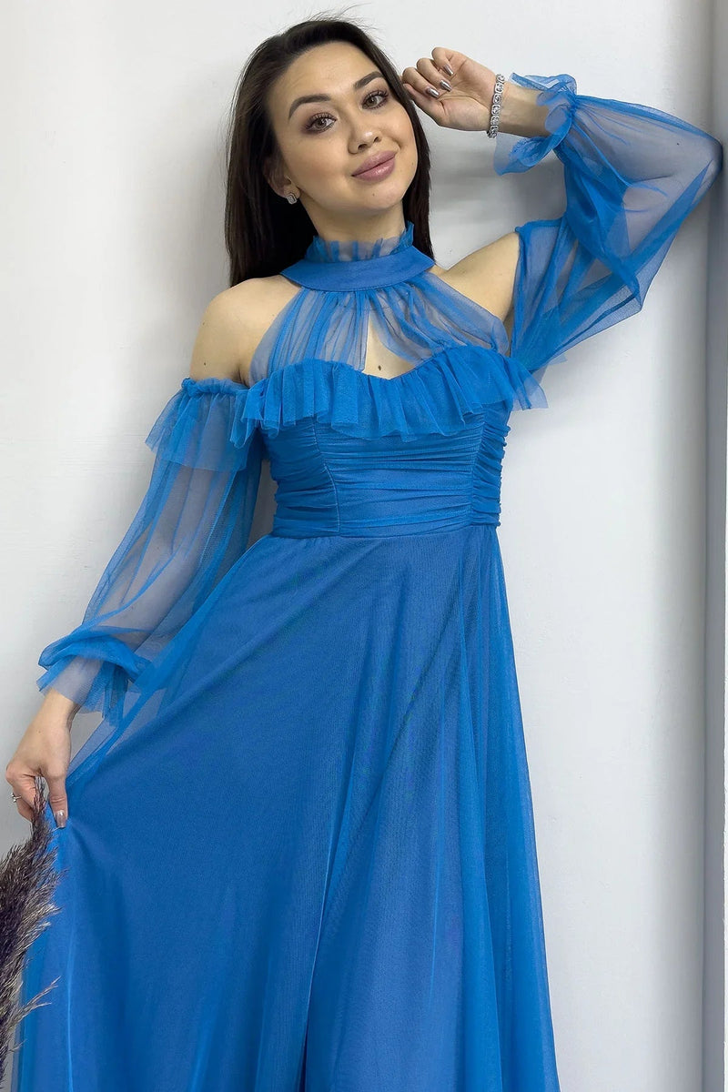 Women's Turquoise Tulle Draped Flared Evening Gown