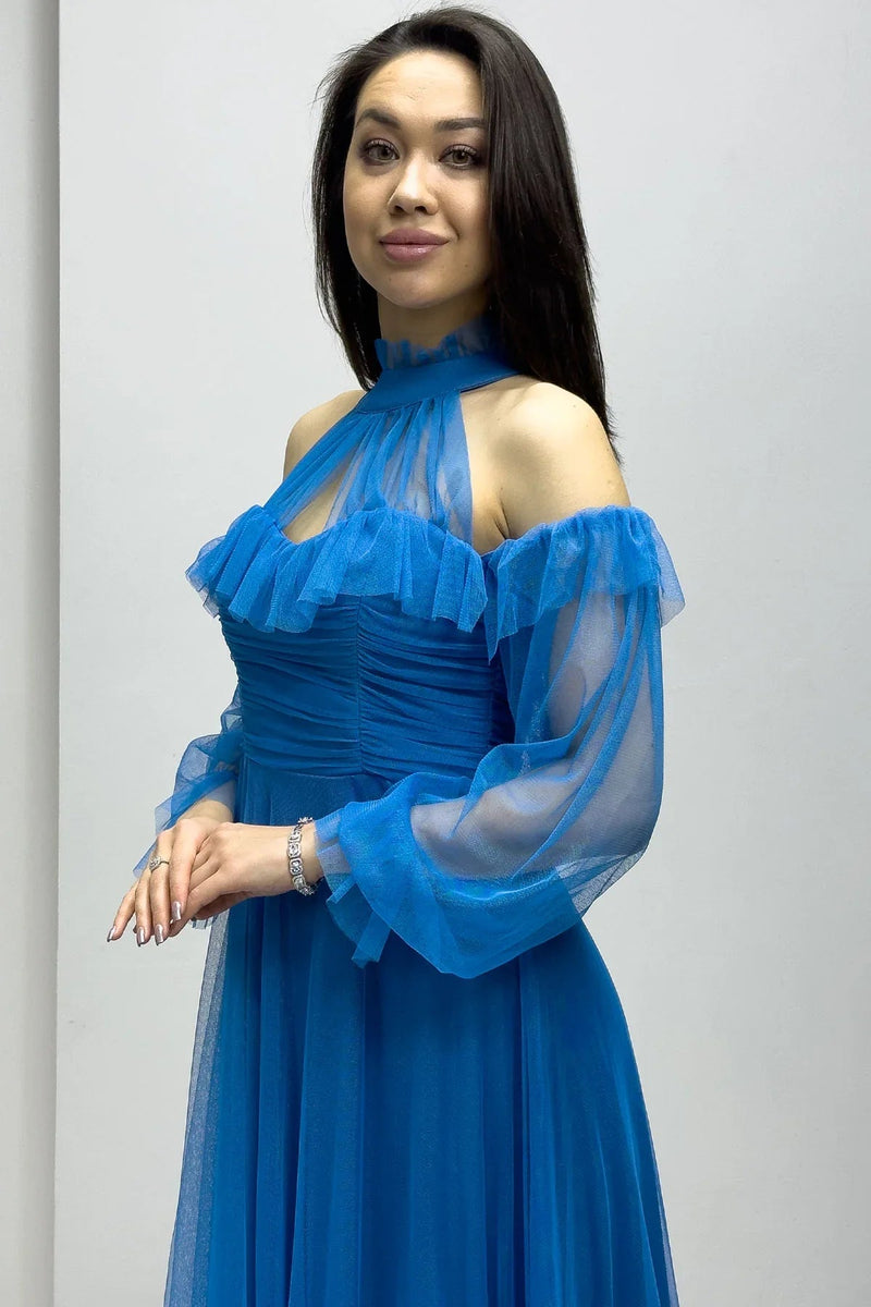 Women's Turquoise Tulle Draped Flared Evening Gown