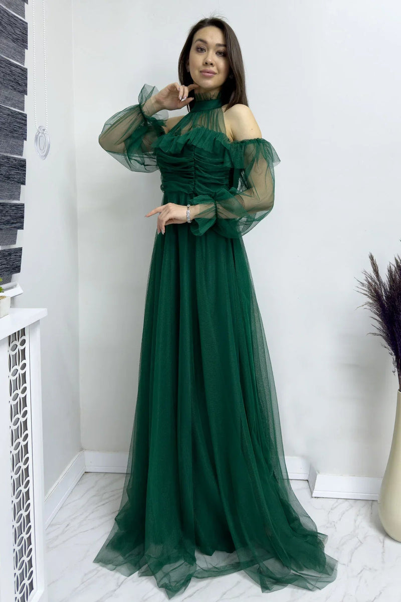 Women's Emerald Green Tulle Draped Flared Evening Gown
