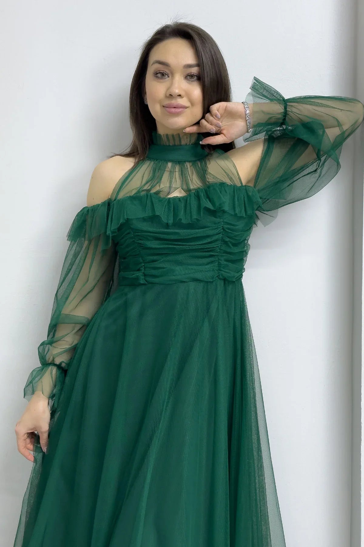 Women's Emerald Green Tulle Draped Flared Evening Gown
