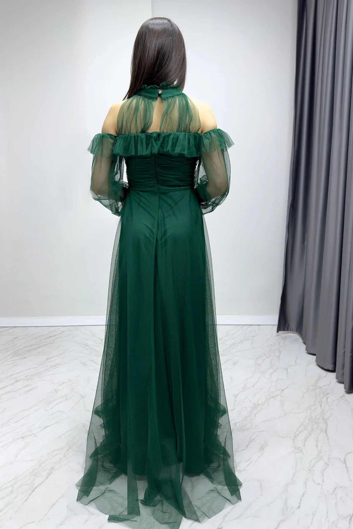 Women's Emerald Green Tulle Draped Flared Evening Gown