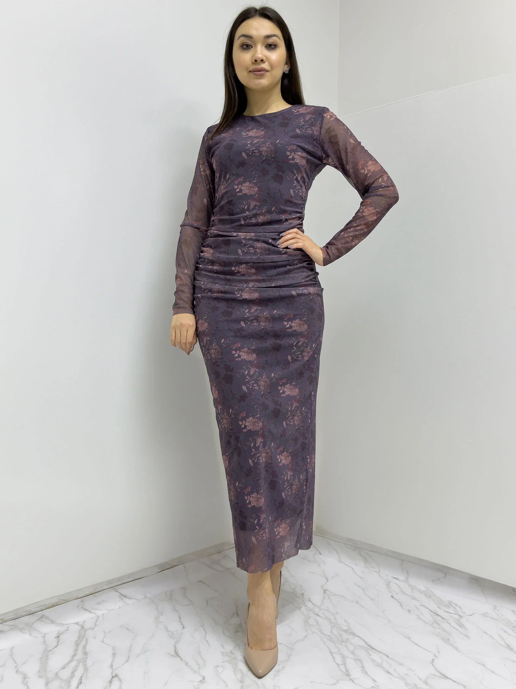 Women's Purple Bisiklet Neck Çiçek Patterned Stretch Tulle Dress