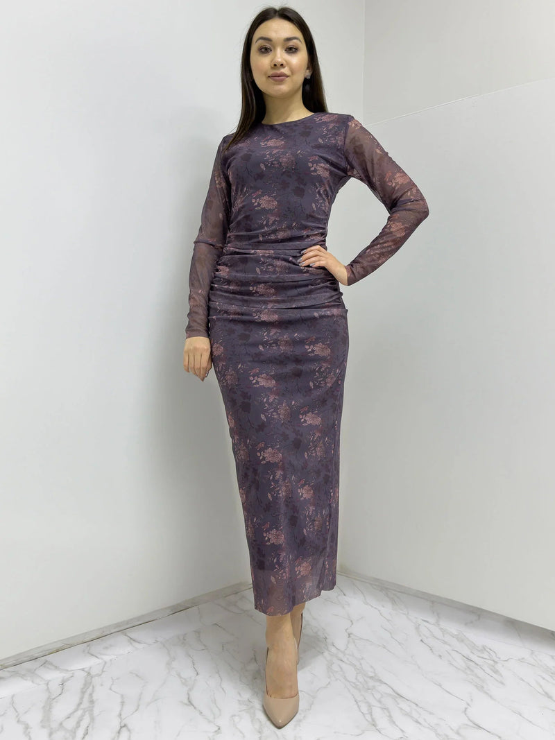 Women's Purple Bisiklet Neck Çiçek Patterned Stretch Tulle Dress