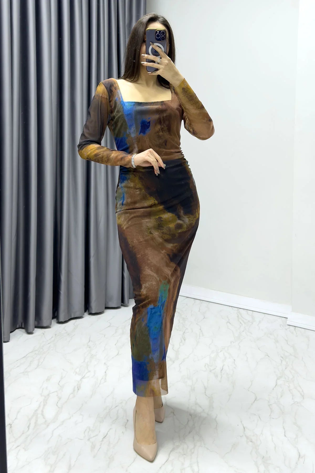 Women's Brown Square Neck Stretch Patterned Tulle Dress