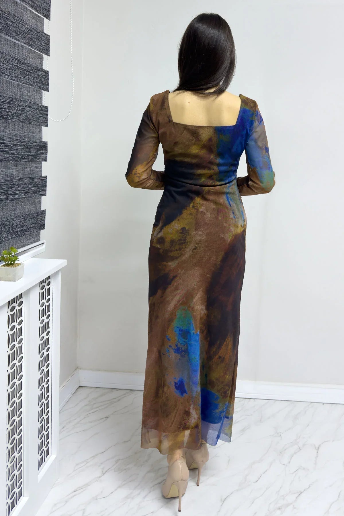 Women's Brown Square Neck Stretch Patterned Tulle Dress