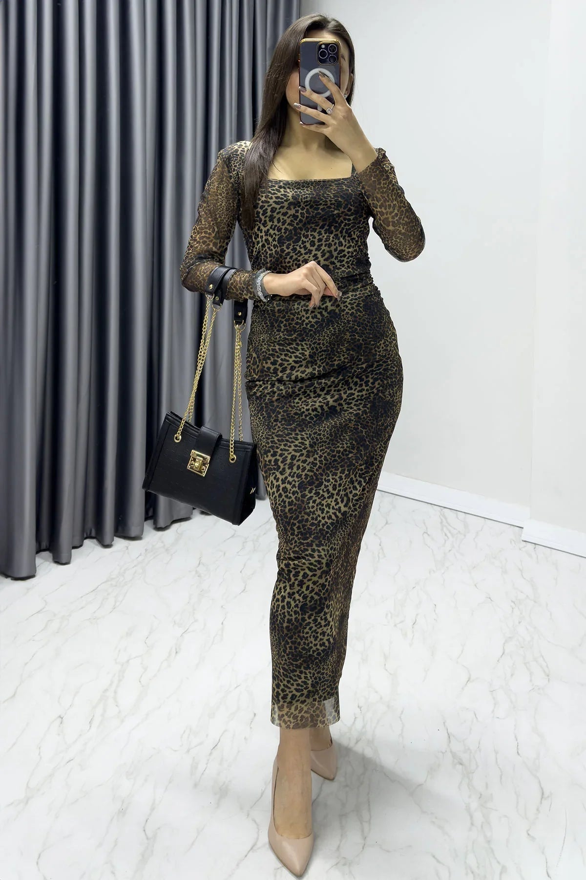 Women's Brown Square Neck Stretch Leopard Print Tulle Dress