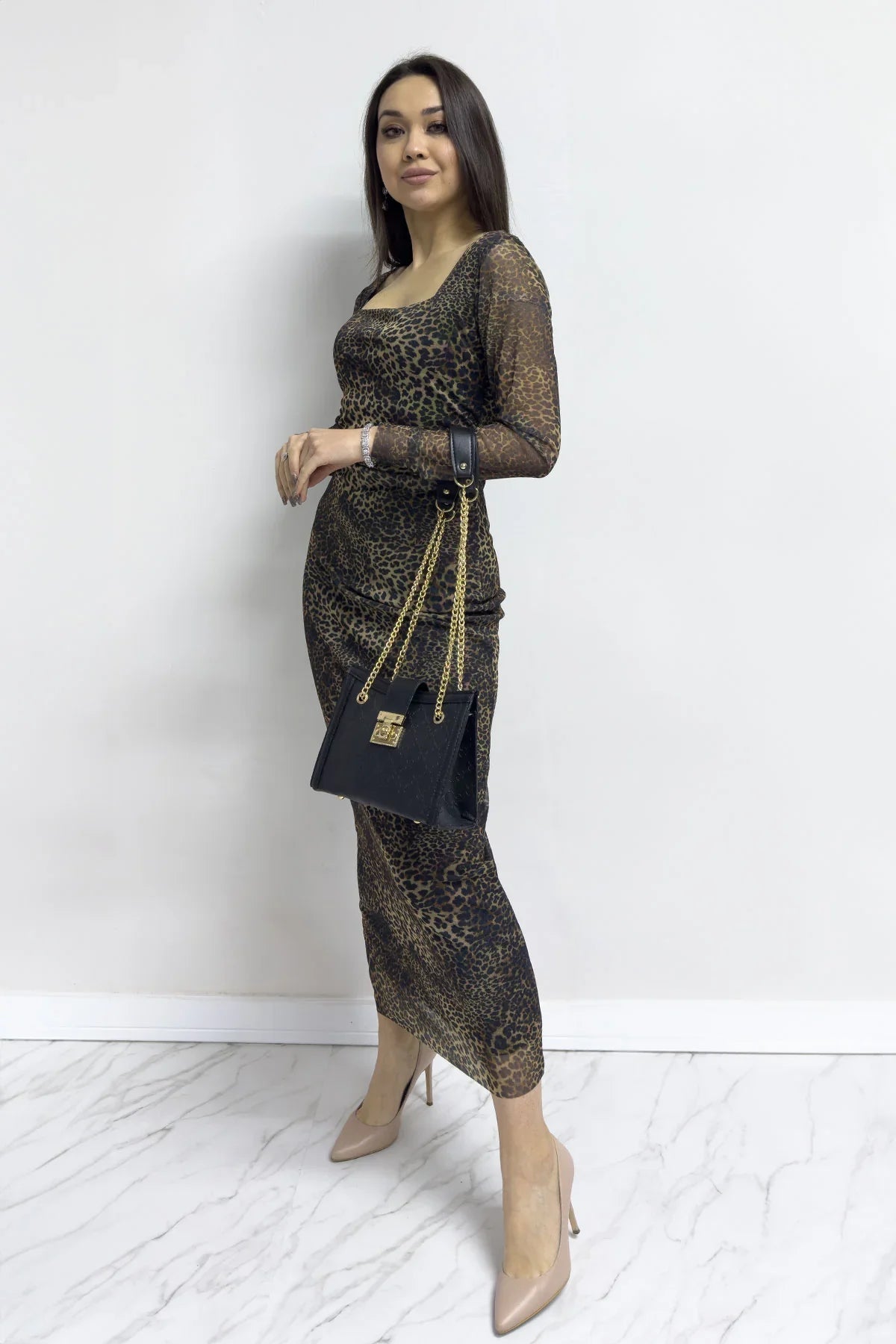 Women's Brown Square Neck Stretch Leopard Print Tulle Dress