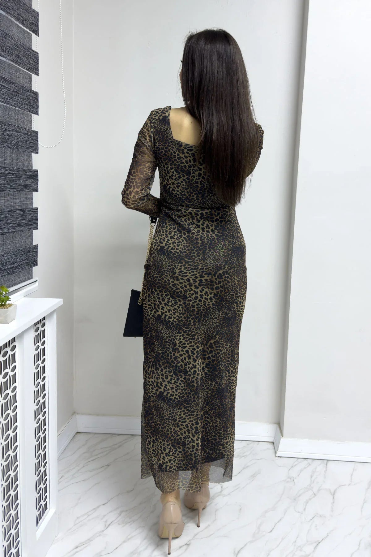 Women's Brown Square Neck Stretch Leopard Print Tulle Dress